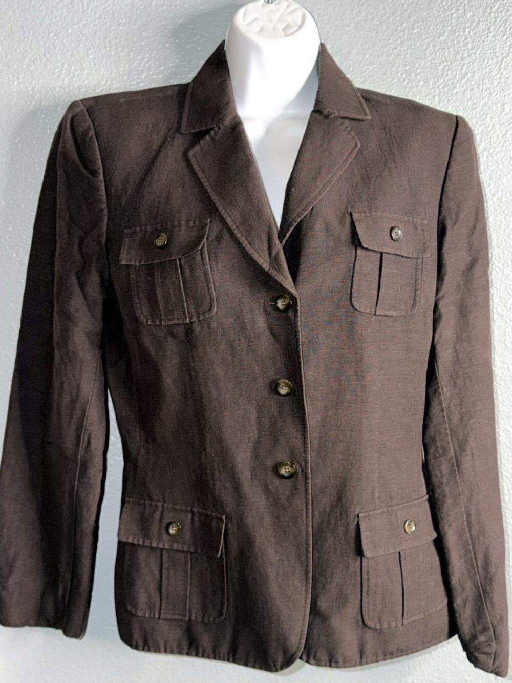 Tahari Linen Safari Blazer Brown Four Pocket Size 8
